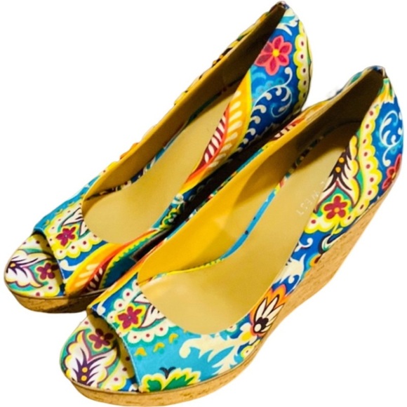 Nine West Wild Thing Cork Wedges. Bright Floral Paisley. Peep Toe. Size 8. - Picture 3 of 8